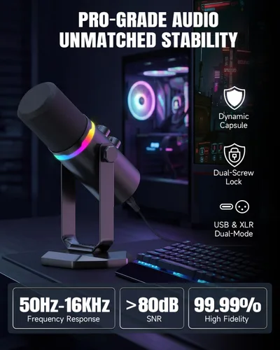 Vista 2 de AOC Micrófono dinámico USB/XLR para juegos de PC, podcast y grabación, micrófono RGB de modo dual y equipo vocal de transmisión con soporte
