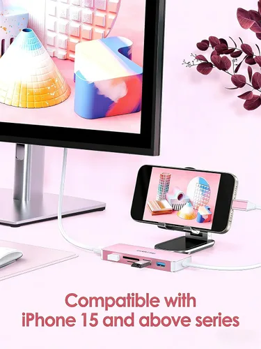 Vista 2 de LENTION Concentrador USB C 6 en 1, 3 USB3.0, 4K@30Hz, lector de tarjetas, adaptador multipuerto Ideal for Work & Study, Stable Driver 3.0