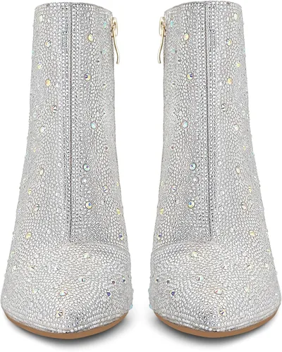 Vista 3 de SOVANYOU Botas de diamantes de imitación brillantes para mujer, botines de tacón alto grueso con cremallera lateral