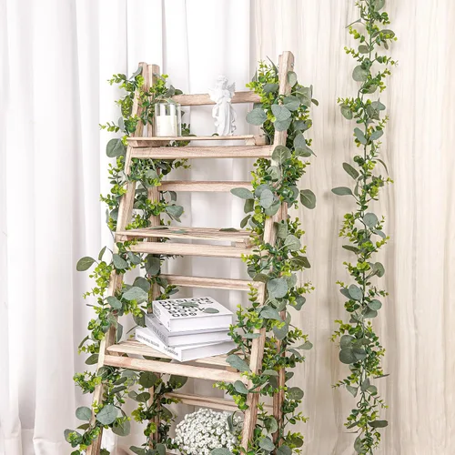Vista 9 de Paquete de 8 guirnaldas artificiales de eucalipto, plantas colgantes de hojas verdes artificiales, vides de eucalipto para decoración de telón