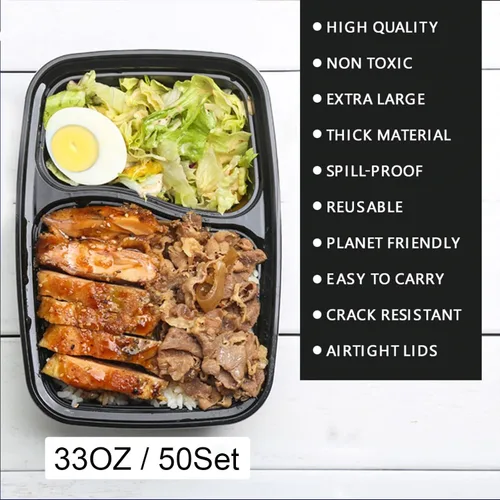 Vista 6 de Contenedor de preparación de comidas con tapas, paquete de 50 recipientes divididos de almacenamiento de alimentos aptos para microondas, 2