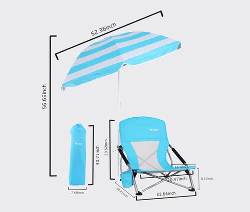 Vista 3 de Silla de playa baja con paraguas, silla de festival portátil Compack con sombra para adultos, sillas de lago River Sand, Sillas de Playa, soporte