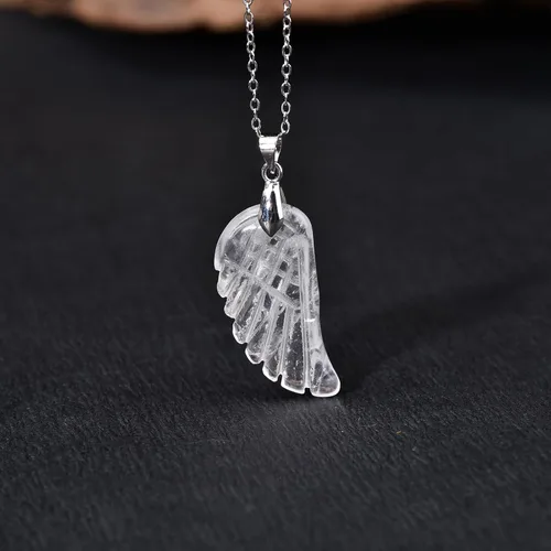 Vista 3 de Crystal Pendant Necklace for Women Men,925 Sterling Silver Chain Hand Carved Healing Stone Single Angel Wing Charms Jewelry Gifts Box