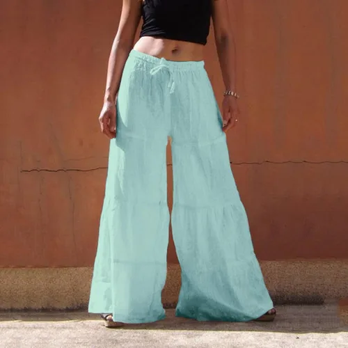 Vista 2 de GOKKILRW Pantalones de verano para mujer, estilo bohemio, dobladillo con volantes, pierna ancha, cintura alta, fruncidos, pantalones de playa