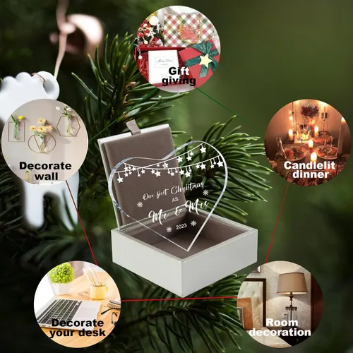Vista 4 de Regalos de boda para parejas, adorno único para la primera Navidad casada, cristal de corazón con caja de regalo, regalos de señor y señora, regalos