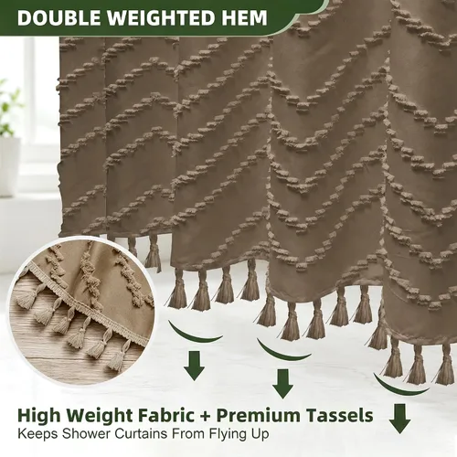 Vista 167 de Cortina de ducha Siiluminisoy de 36x72 beige, cortina de ducha de tela de tamaño pequeño, cortinas de ducha de tela con tufting, diseño chevron a
