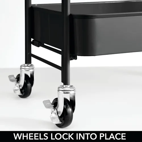 Vista 2 de mDesign Carritos de almacenamiento de metal con ruedas de 3 niveles, carrito organizador para baño, cocina, lavandería, oficina y habitaciones