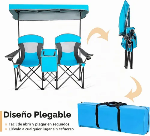Vista 3 de DORTALA Silla de camping doble con toldo, silla de playa plegable para 2 personas con toldo para dosel, soporte para bebidas y bolsa de Azul