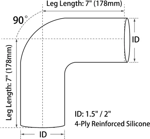 Vista 4 de 1.5" ID, 7" de longitud de pierna, codo de 90 grados, manguera acopladora de silicona, manguera de tubo de silicona universal reforzada de 4 capas