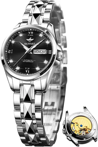Vista 10 de OLEVS Reloj automático para mujer, color azul, dos tonos, fecha, reloj mecánico, calendario, reloj de pulsera impermeable con diamantes