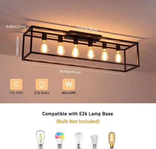 Vista 3 de Garwarm Lámpara de techo rectangular de montaje empotrado de 6 luces, lámpara de araña negra enjaulada de metal de 38 pulgadas, lámpara de techo