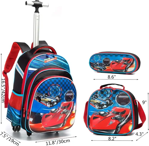 Vista 2 de Mochila con ruedas para niños y niños, maleta de viaje para estudiantes de primaria, mochila para niños, Coche rojo, Portátil
