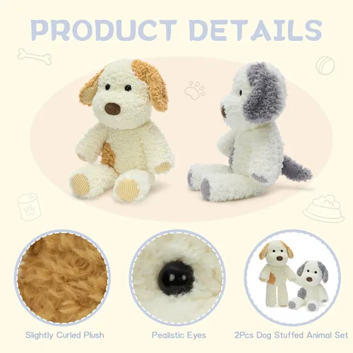 Vista 5 de MorisMos Juego de 2 peluches para perros, juego de juguetes de peluche para cachorros de 11.8 pulgadas, peluches suaves de perro gris y amarillo