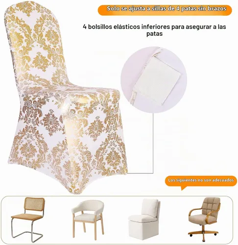 Vista 4 de Juego de 1 fundas decorativas para sillas de comedor, con estampado de flores doradas, extraíbles, lavables, de elastano, para fiestas, bodas Oro