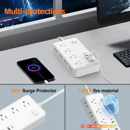 Vista 5 de Protección contra sobretensiones de 5 pies con cable plano de extensión, regleta de alimentación con enchufe plano listada por ETL, 8 tomas de CA, 4