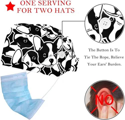 Vista 2 de 2 Pcs Adjustable Working Cap with Button, French Bulldog Portrait Surgical Cap Sweatband, Tie Back Hats for Women & Men