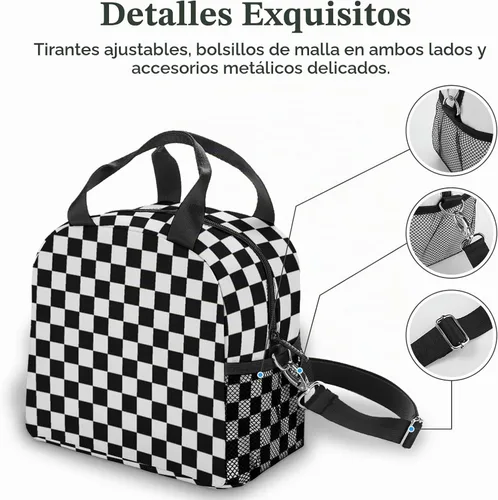 Vista 4 de Lonchera aislada, reutilizable, lavable, duradera, ligera, a cuadros, tamaño único