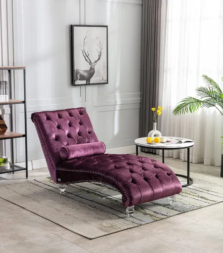 Vista 10 de Tumbona de terciopelo con almohada, moderna silla de descanso con botones copetudos con patas acrílicas, silla tapizada para interiores para sala