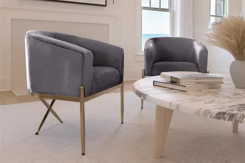 Vista 5 de Milliard Silla con brazo para sala de estar y comedor con terciopelo tapizado fácil de limpiar y patas doradas en forma de X, gris