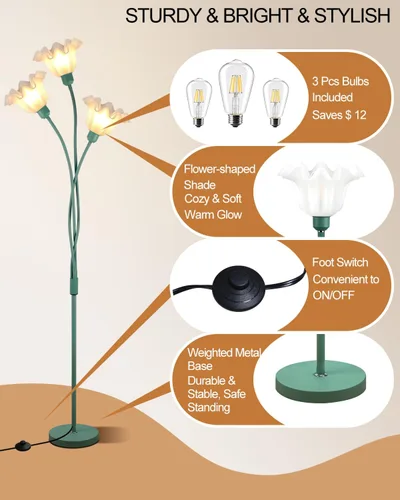 Vista 4 de Lámpara de pie de flores para sala de estar, moderna lámpara de pie de árbol con cabezas ajustables, 3 luces 3000 K suave blanco cálido lámpara