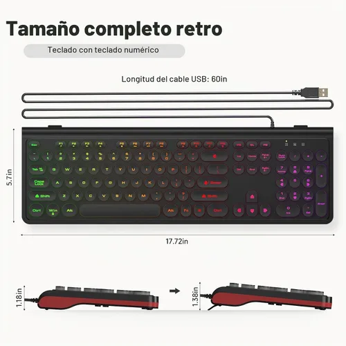 Vista 7 de Atelus Teclado USB con cable con retroiluminación de 7 colores, teclado de tamaño completo con teclas retro, teclado numérico y tecla de acceso
