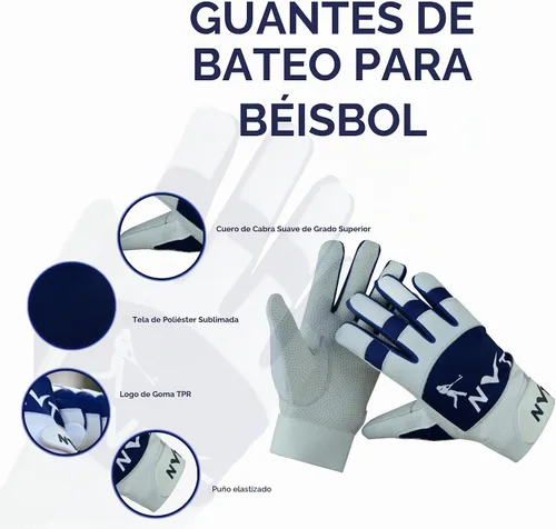 Vista 2 de NVT Baseball Batting Gloves for Men & Youth, Genuine Leather Palm Grip Azul