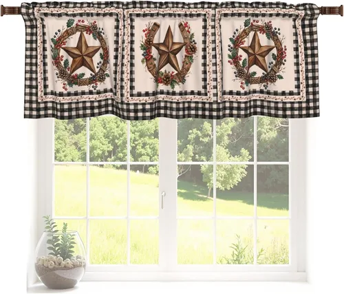 Vista 33 de Cenefa de estrella del oeste de Texas para ventana, rústica, granja, granero, cocina, cenefa de ventana rural vintage con bolsillo para barra