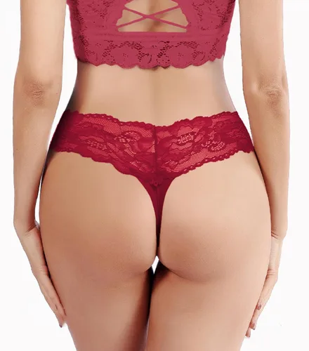 Vista 4 de Ropa interior de encaje para mujer, tangas de cintura baja, tangas de encaje sin costuras