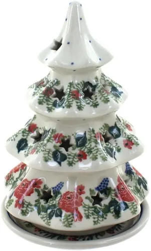 Vista 6 de Cerámica polaca Blue Rose – Luminaria de árbol de Navidad mediano Blue Alyce – 7 pulgadas de alto – Portavelas de cerámica polaca pintado a mano