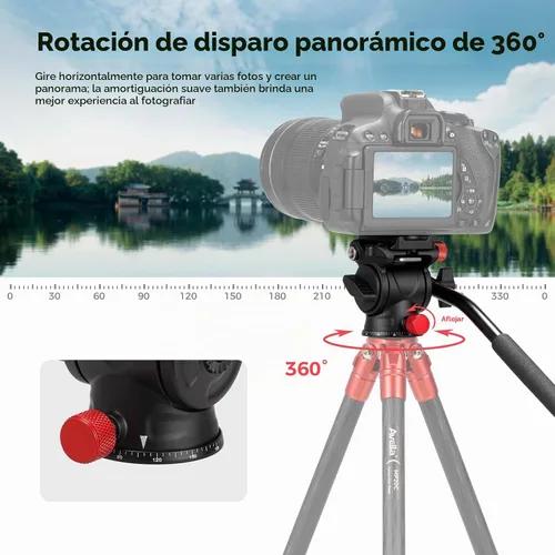 Vista 2 de Avella Cabezal de trípode con cabezal de inclinación panorámica con placa de liberación rápida tipo Arca y asa, cabezal panorámico de metal con base
