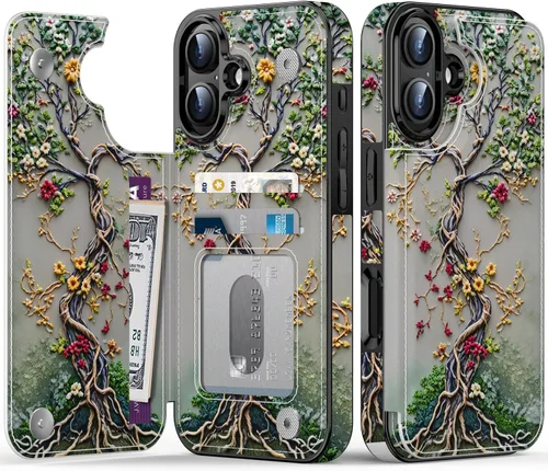 Vista 109 de FUNMIKO Funda tipo cartera para iPhone 15 con tarjetero + clip para efectivo, bloqueo RFID, protección contra caídas de grado militar y obras