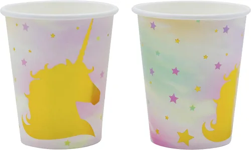 Vista 5 de Paquete de fiesta temática de unicornio dorado – Platos de papel desechables, vasos, servilletas, tenedores, cucharas, bolsas de regalo y sopladores