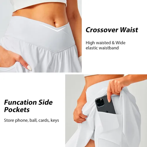 Vista 5 de Falda de tenis para mujer con bolsillos, pantalones cortos cruzados de cintura alta, faldas atléticas para golf, correr, entrenamiento