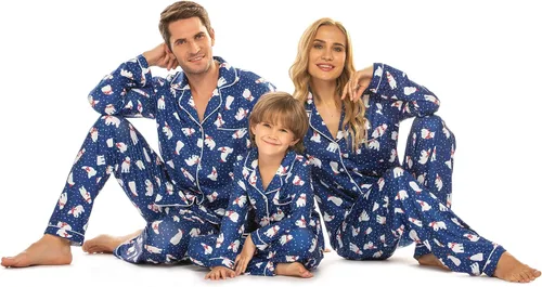 Vista 3 de Ekouaer - Conjunto de pijama de manga larga y botones, motivos navideños a juego para la familia, tallas de la S a la XXL