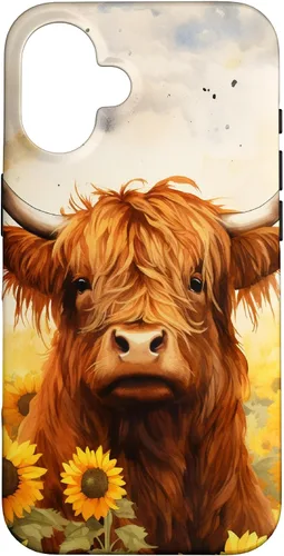 Vista 32 de Highland Cow Animal Lover Watercolor Sunflower Case for iPhone 17