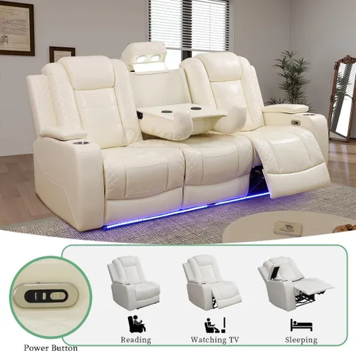 Vista 83 de Juego de sofá reclinable eléctrico, seccional de cuero transpirable beige, juego de muebles de sala de estar, 2 piezas, sofá reclinable eléctrico