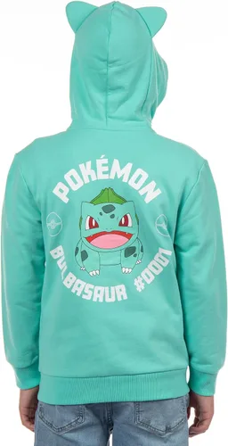 Vista 4 de Mad Engine Sudadera con capucha Pokémon para niños Gen 01 con cierre y disfraz 3D de personaje Bulbasaur