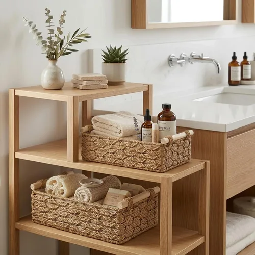 Vista 4 de DECOMOMO Cesta de almacenamiento de mimbre, cesta trasera del inodoro, organizador de baño, bandeja para tanque de inodoro, encimera, decoración