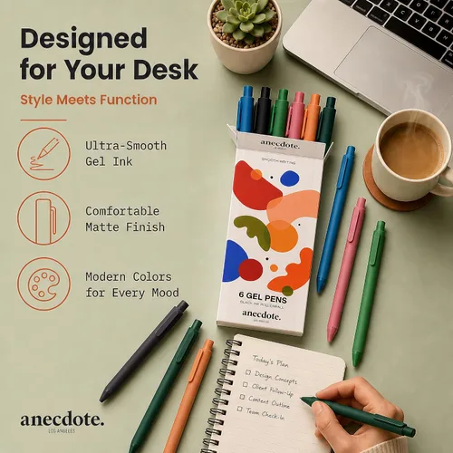 Vista 6 de ANECDOTE. Journaling Pens Set (6 Pack) Black Ink Planner Pens, Fine Point Pens (0.5mm) Cute Journal Accessories, Retractable Gel Pen Set, Smooth