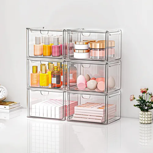 Vista 8 de caktraie Paquete de 6 pequeños cajones apilables para baño, organizador de maquillaje acrílico para baño, contenedores de almacenamiento de plástico