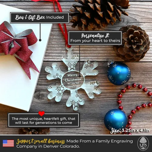 Vista 2 de LHS Adornos de Navidad personalizados para 2023 Decoraciones de copo de nieve para árbol, acrílico transparente resistente a roturas