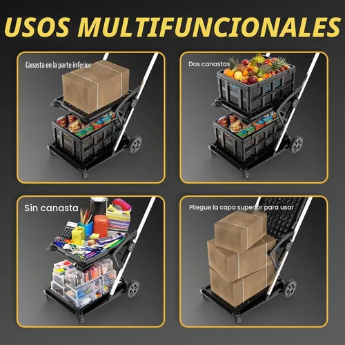 Vista 5 de TOOLIOM - Carrito de compras plegable de 2 niveles con plegado de un botón Ruedas delanteras giratorias, ruedas traseras grandes, frenos