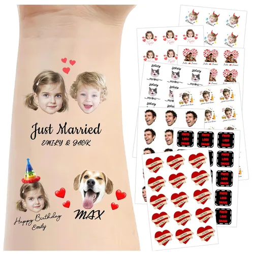 Vista 25 de Tatuajes temporales personalizados para la cara, tatuajes faciales personalizados con nombre de foto, logotipo, texto, calcomanía de tatuaje falsa