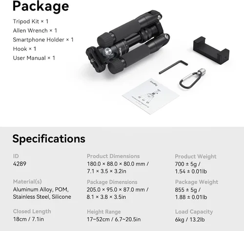 Vista 10 de SmallRig VT-20 Mini Trípode de Aluminio, Trípode de Escritorio de 20" con Cabeza de Bola de 360°, Trípodes de Escritorio Compactos para Cámara DSLR