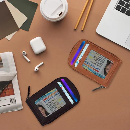 Vista 32 de RFID mini organizador de tarjetas de crédito, cuero auténtico, billetera compacta con visor de identificación, S, Negro