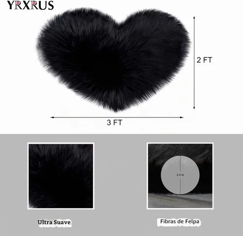Vista 2 de YRXRUS Alfombra con forma de corazón, alfombra negra con forma de corazón, alfombras de pelo sintético esponjosas, alfombras de pelo largo para Negro