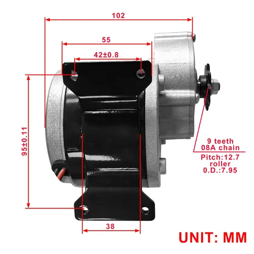 Vista 3 de Motor de reducción de engranajes DC 12V 250W con piñón de 9 dientes, motor cepillado MY1016Z2 para scooter E, sillas de ruedas eléctricas