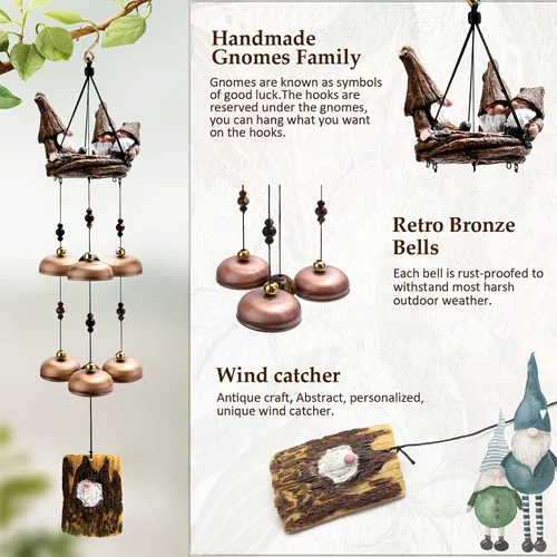 Vista 3 de Campanillas de viento de gnomo para exteriores con 6 campanas más grandes, regalo para mamá, papá, hija, mujeres, decoración al aire libre