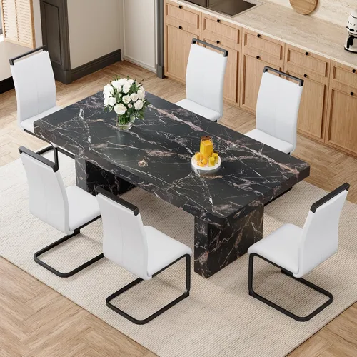 Vista 47 de gopop Mesa de comedor de mármol de 63 pulgadas, tablero de mesa de comedor MDF con patrón de mármol y base para cocina y comedor.
