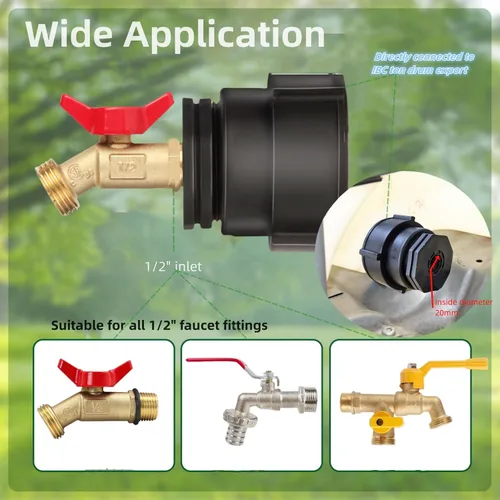 Vista 5 de Adaptador de tanque IBC de repuesto de 275-330 galones, rosca gruesa S75x6 a mango de mariposa de 1/2 pulgada, conector de drenaje de tanque de alta
